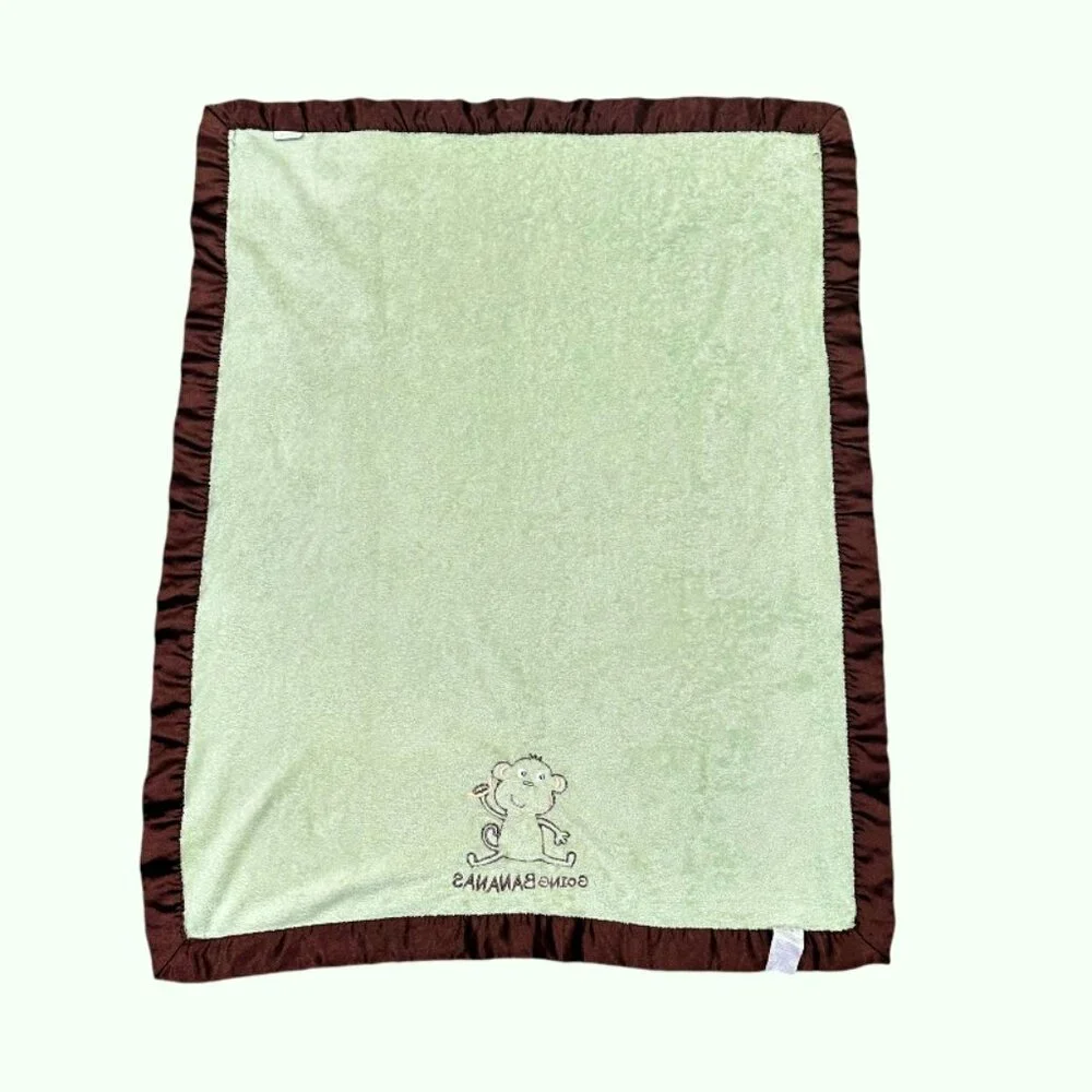 CARTERS Baby Blanket Lovey Monkey Going Bananas Satin Trim 30 x 38 Green Brown
